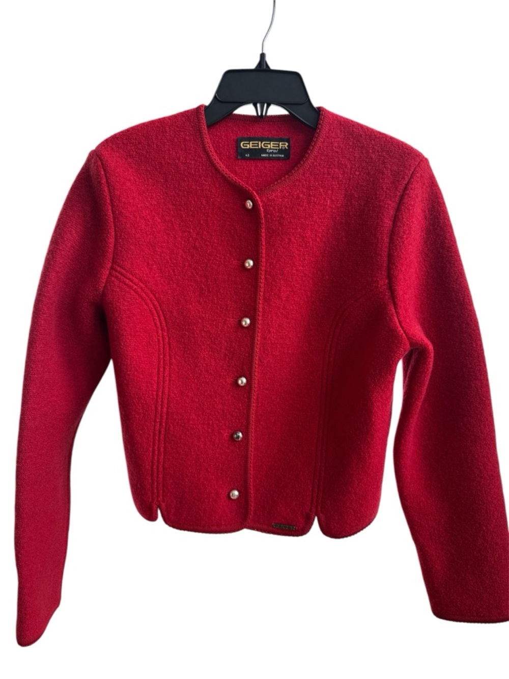 Geiger Tyrol Austria Boiled Wool Cardigan Knit Sweater Jacket Red Sz 42- Large - Picture 2 of 10